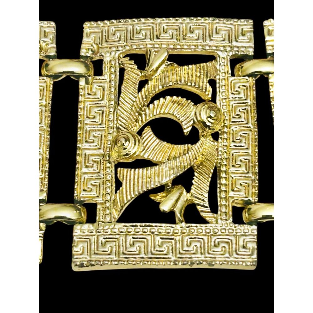 Greek Revival SET of 2 Golden Filigree Panel Bracelet & Clip-On Earrings Vintage - Picture 5 of 8